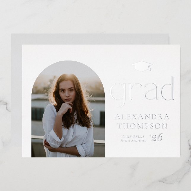 Minimalist Arch Photo Graduation Party Silver (Front/Back)