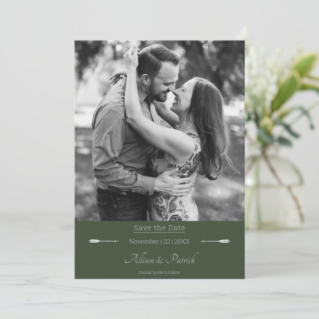 Minimalist Arrows Photo | Olive Green Save The Date (Standing Front)