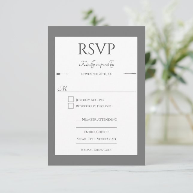 Minimalist Arrows Wedding | Grey RSVP Card (Standing Front)