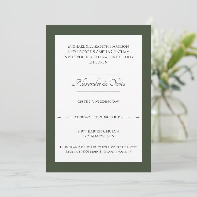 Minimalist Arrows Wedding | Olive Green Invitation (Standing Front)