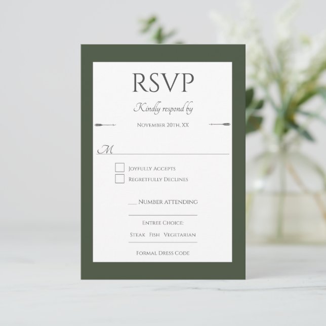 Minimalist Arrows Wedding | Olive Green RSVP Card (Standing Front)