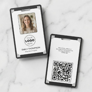Minimalist Art Deco Black White Photo Logo QR ID Badge