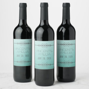 Minimalist Art Deco Blue Custom Wedding   Wine Label