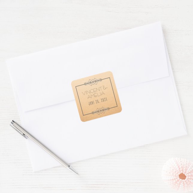 Minimalist Art Deco Peach Custom Wedding   Square Sticker (Envelope)