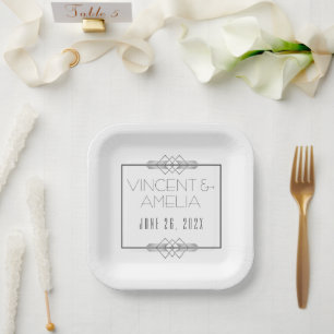 Minimalist Art Deco White Custom Wedding Paper Plate