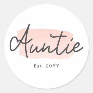 Minimalist Auntie Baby Pink Brush Stroke New Aunt Classic Round Sticker