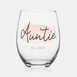 Minimalist Auntie Baby Pink Brush Stroke New Aunt Stemless Wine Glass