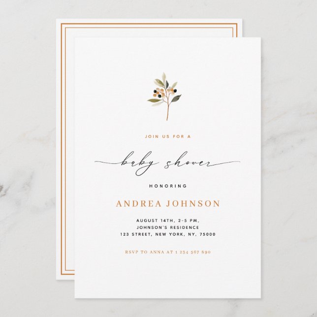 Minimalist Autumn Berries Fall Theme Baby Shower Invitation (Front/Back)