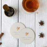 Minimalist Autumn Leaf "Fall in Love" Personalised Round Paper Coaster<br><div class="desc">Fall in love with this modern and minimal design for autumn weddings, engagement parties, or rehearsal dinners. Clean, minimalist design features a soft off-white background graced with a single watercolor leaf in warm fall colours. "Fall in love" appears beneath, along with the couple's names or your choice of personalisation in...</div>