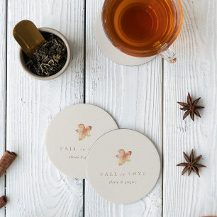 Minimalist Autumn Leaf "Fall in Love" Personalised Round Paper Coaster