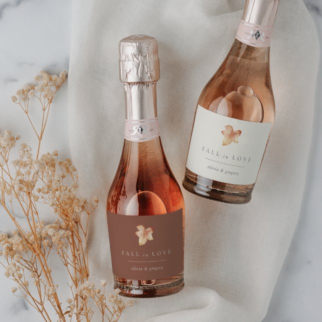 Minimalist Autumn Leaf "Fall in Love" Personalised Sparkling Wine Label (Creator Uploaded)