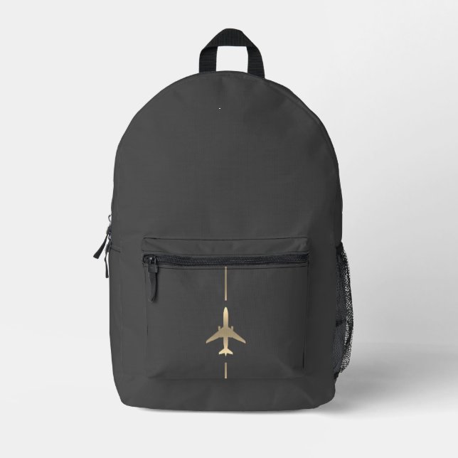 Minimalist Aviation Gold Aeroplane Printed Backpack (Front)