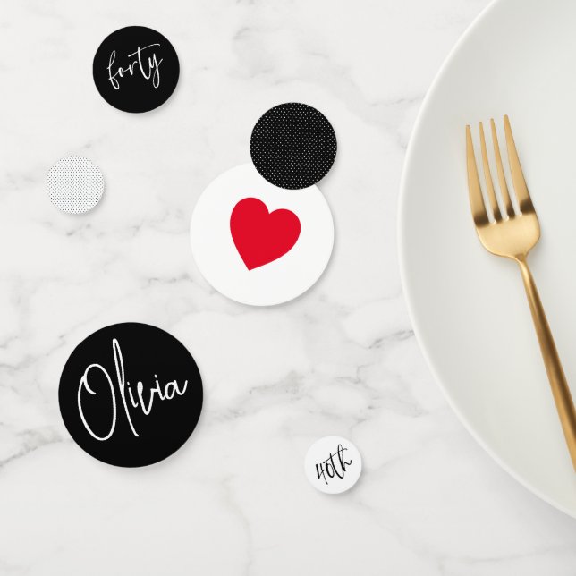 Minimalist B&W Geometric 40th Birthday Red Heart Confetti (Group)