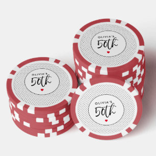 Minimalist B&W Geometric 50th Birthday Red Heart Poker Chips