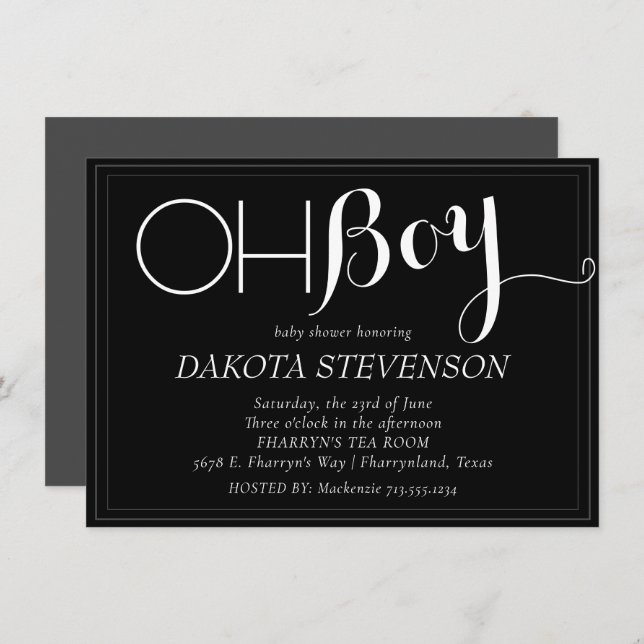 Minimalist Baby | Black and Grey Oh Boy Shower Invitation (Front/Back)