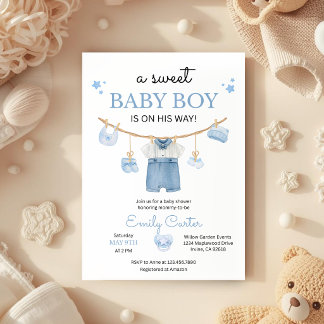 Minimalist Baby Boy Shower with Baby Clothes Invitation