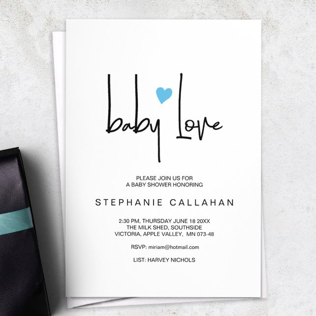Minimalist Baby Love Shower Invitation Blue heart (Creator Uploaded)