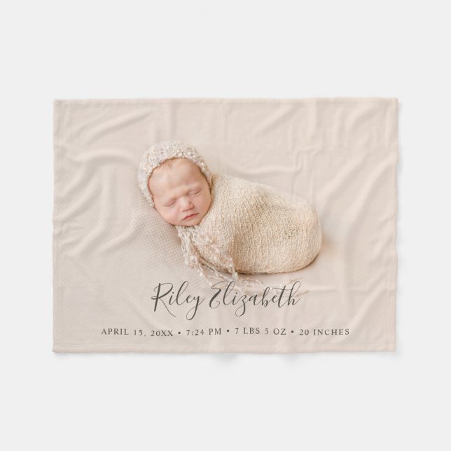 Minimalist Baby Name Birth Stats and Newborn Photo Fleece Blanket (Front (Horizontal))
