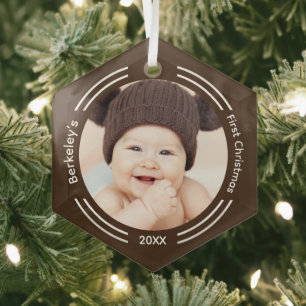 Minimalist Baby Photo Brown First Christmas Glass Tree Decoration
