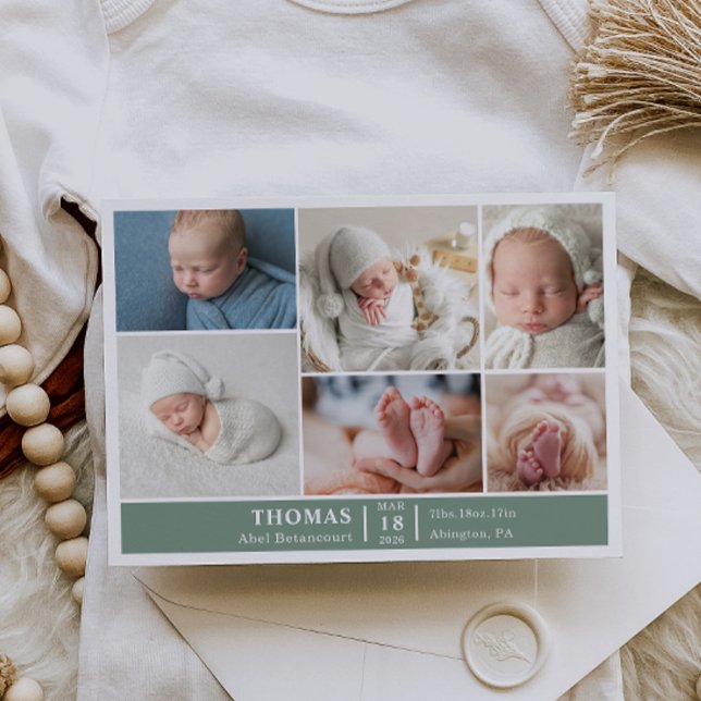 Minimalist Baby Photo Collage Announcement Card (Creator Uploaded)