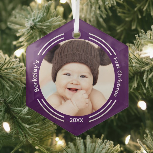 Minimalist Baby Photo Purple First Christmas Glass Tree Decoration (Insitu)