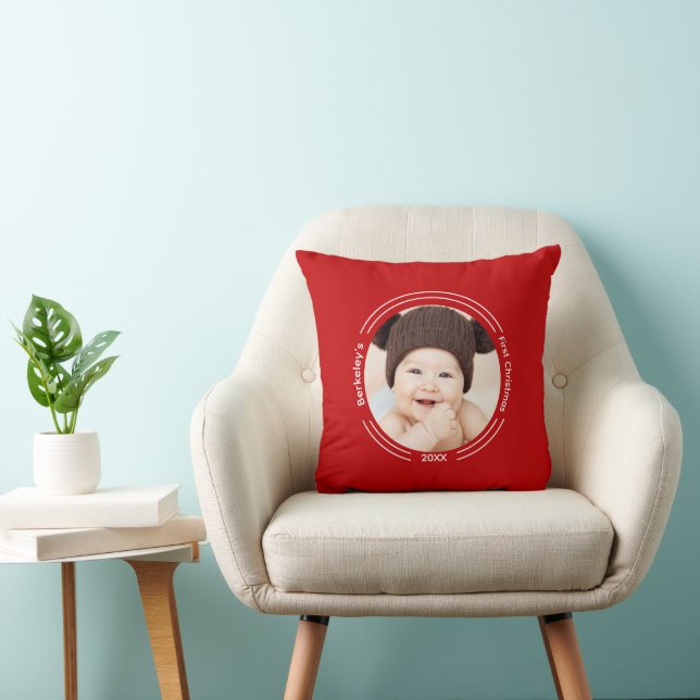 Minimalist Baby Photo Red First Christmas Cushion (Chair)