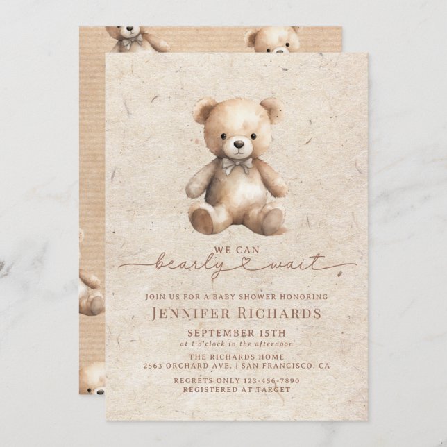 Minimalist Baby Shower | Bearly Wait Invitation (Front/Back)