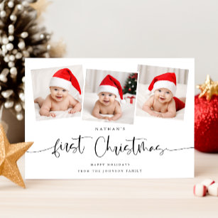 Minimalist Baby's First Christmas 3 Photo Cute Holiday Card
