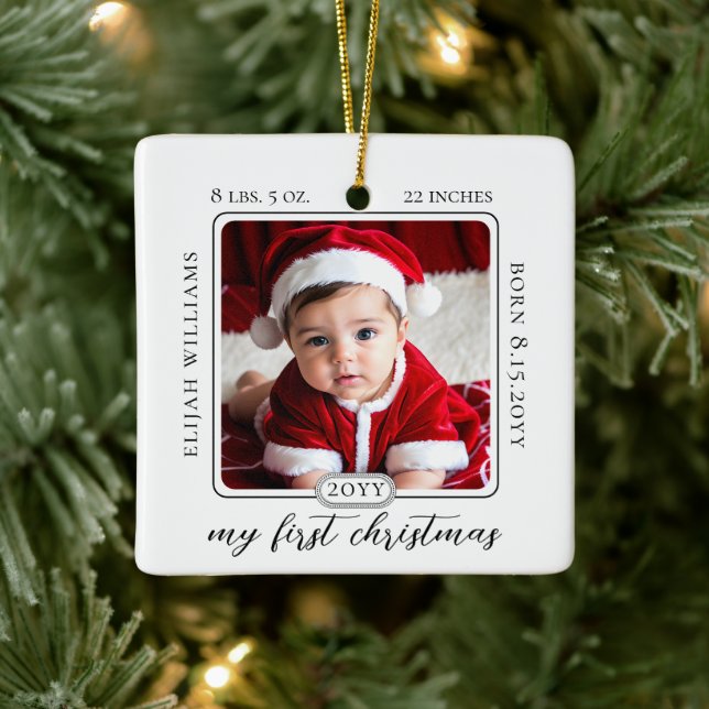 Minimalist Babys First Christmas Birth Stats Photo Ceramic Ornament (Tree)