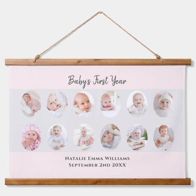 Minimalist Baby's First Year 12 Photo Collage Hanging Tapestry (Front)