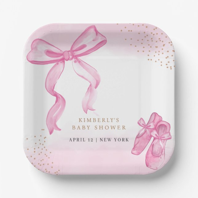 Minimalist Ballerina Shoes Bow Baby Shower Paper Plate (Front)