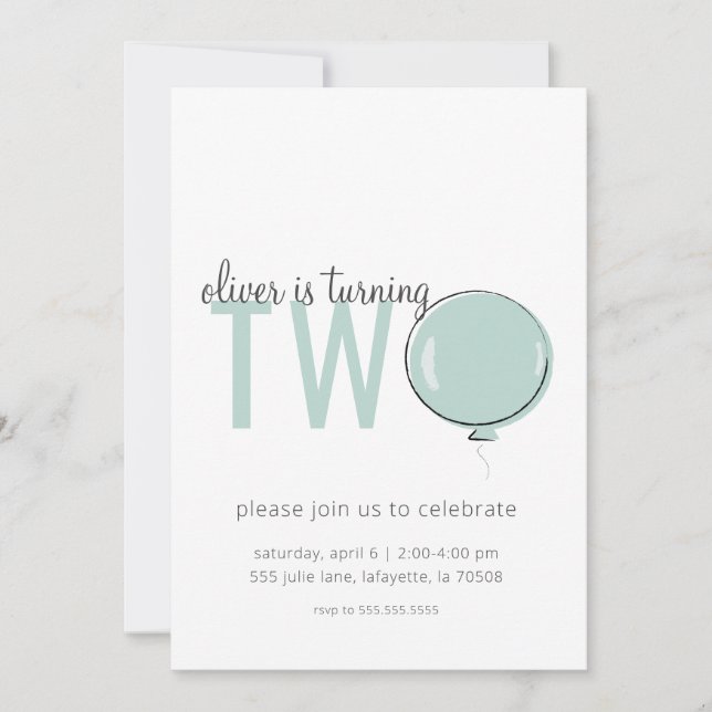 Minimalist Balloon Second Birthday Invitation (Front)