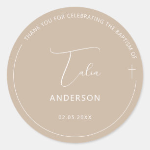 Minimalist Baptism Simple Cross Beige Classic Round Sticker