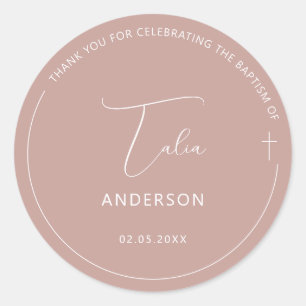 Minimalist Baptism Simple Cross Pink Classic Round Sticker