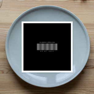 Minimalist Barcode Chic: Black & White Wedding Napkin