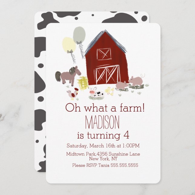 Minimalist Barn Animals Farm Birthday Horse Cow Invitation (Front/Back)