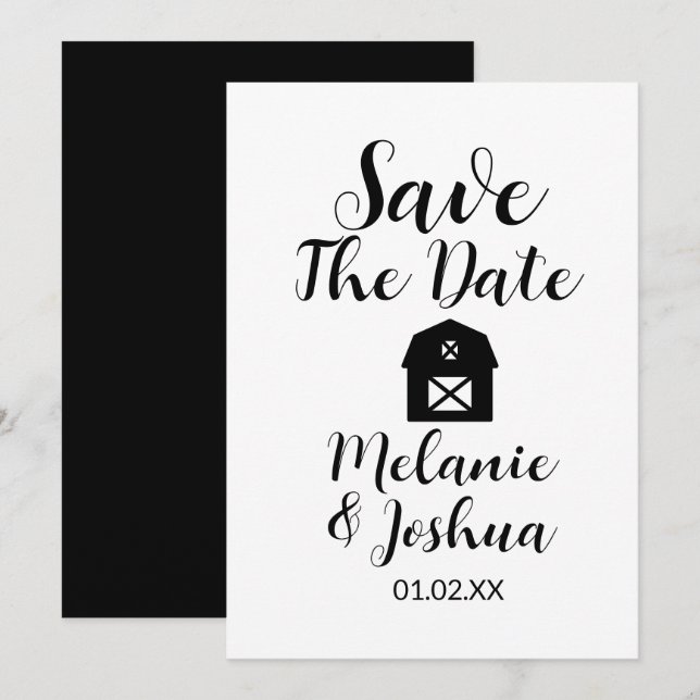 Minimalist Barn Save the Date Black and White Invitation (Front/Back)
