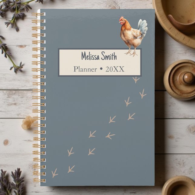 Minimalist Barnyard Watercolor Chicken Planner (blue water color chicken planner with footprints)