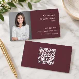 Minimalist Basic Burgundy Professional Photo QR Business Card