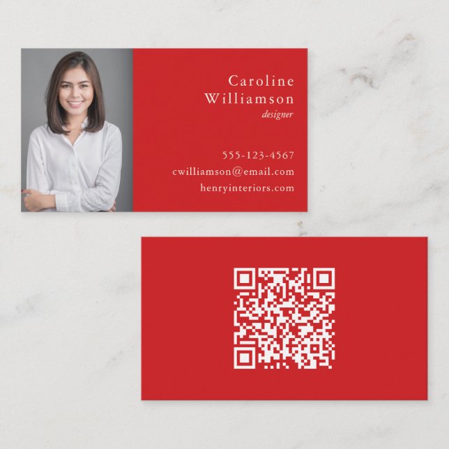 Minimalist Basic Vibrant Red Professional Photo QR Business Card (Front/Back)