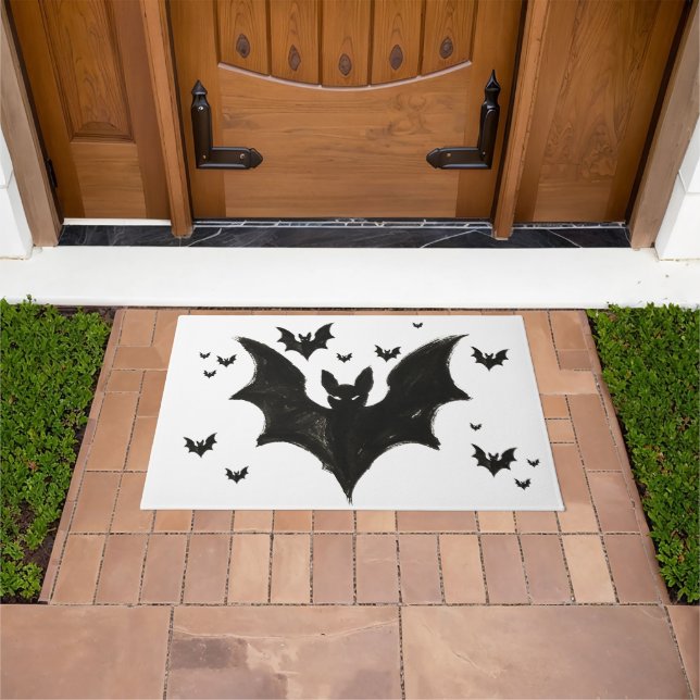 Minimalist Bat – Ink Brush Halloween Creature on Doormat (Outdoor)