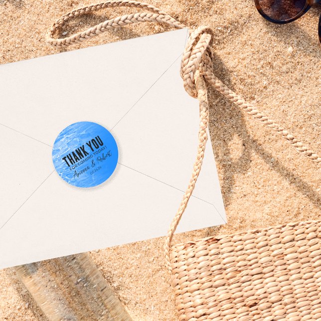 Minimalist Beach Blue Wedding Thank You Classic Round Sticker (Creator Uploaded)