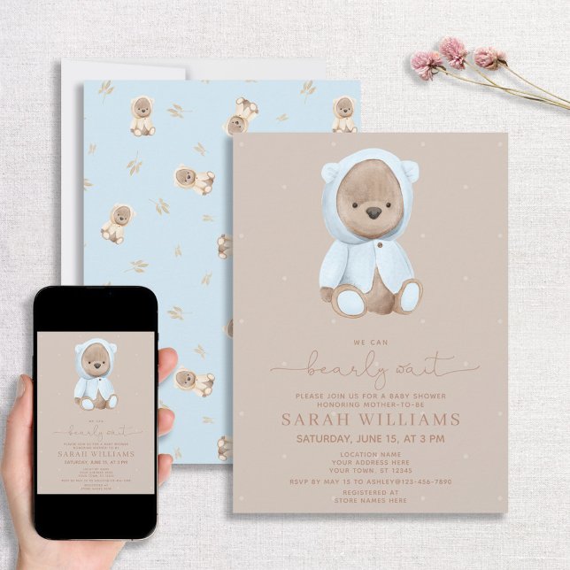 Minimalist Bearly Wait Dusty Blue Baby Shower Invitation (Creator Uploaded)