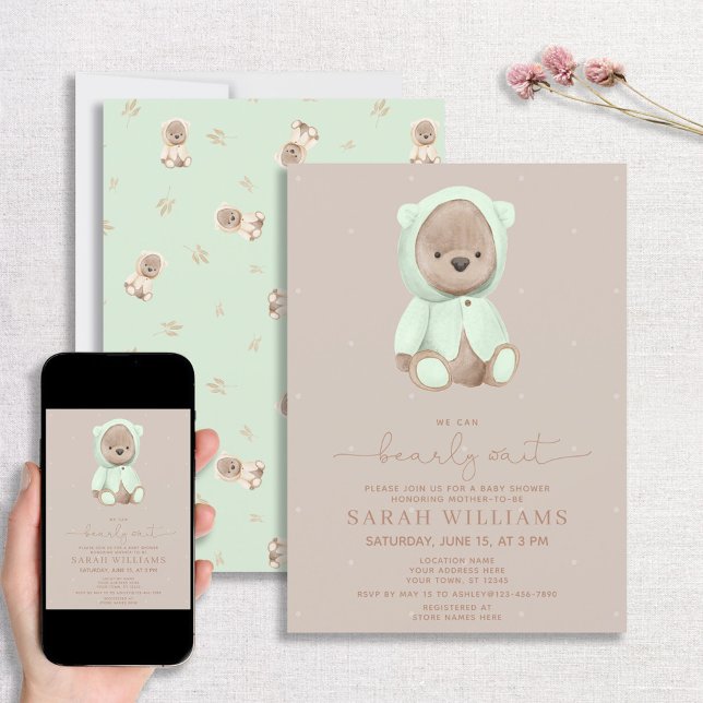 Minimalist Bearly Wait Sage Green Baby Shower Invitation (Creator Uploaded)