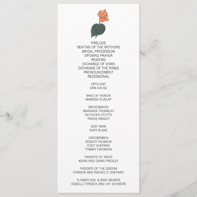 Minimalist Begonia Flower Wedding Programme (Front)