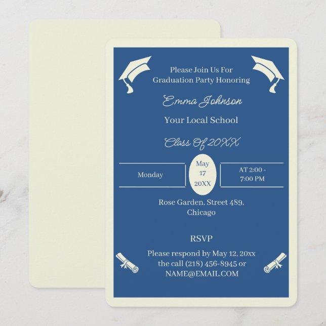 Minimalist Beige And Blue Custom Graduation Invitation (Front/Back)