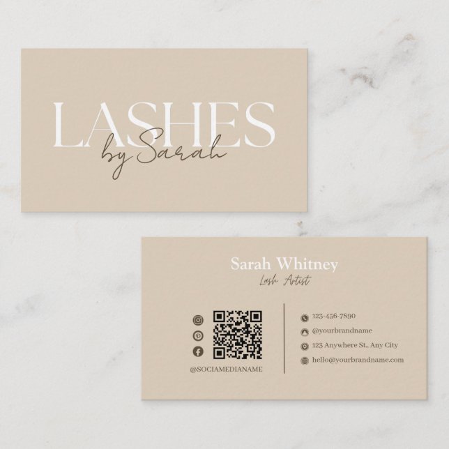Minimalist Beige & Brown Lash Tech Business Card (Front/Back)
