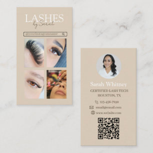 Minimalist Beige & Brown Lash Tech Photo Collage  Business Card