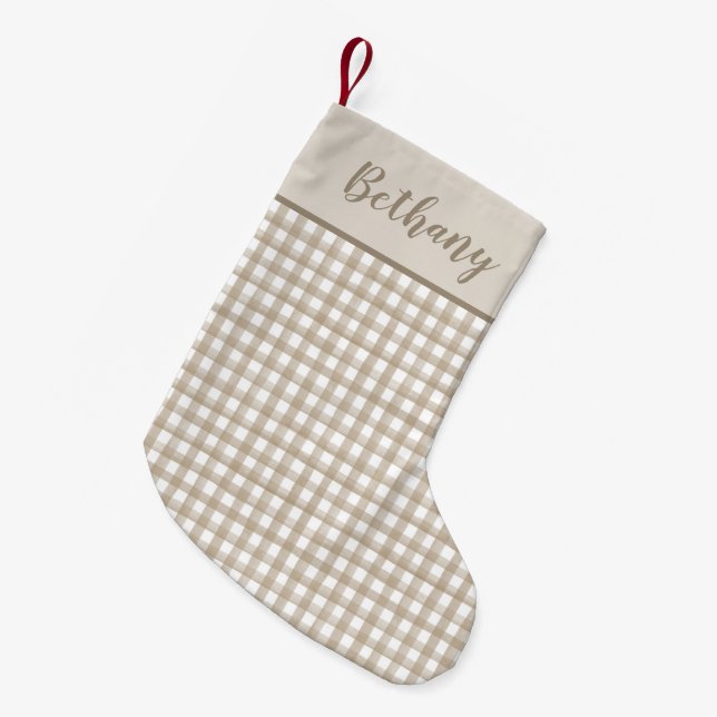 Minimalist Beige Buffalo Plaid Small Christmas Stocking (Front (Hanging))