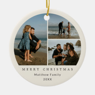 Minimalist Beige Family Photo Collage Christmas Ceramic Tree Decoration